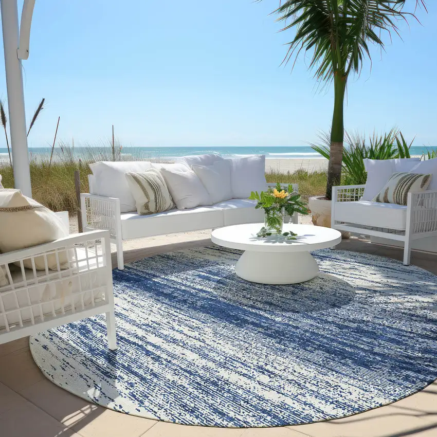 8' Navy Blue And Ivory Round Striped Washable Indoor Outdoor Area Rug Photo 6