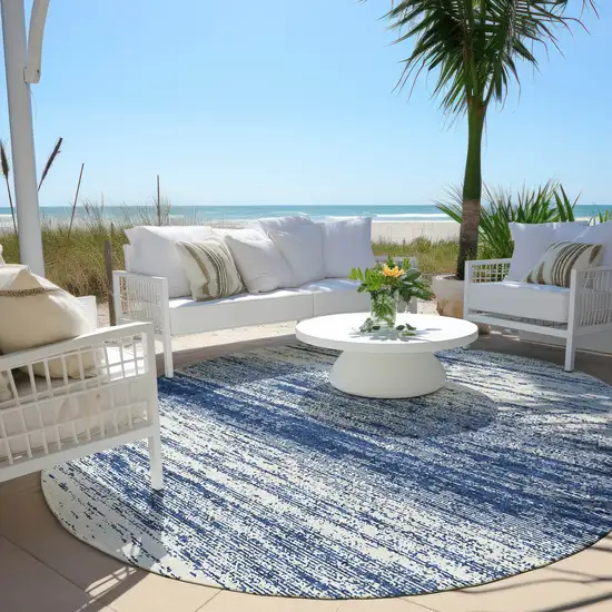 8' Navy Blue And Ivory Round Striped Washable Indoor Outdoor Area Rug Photo 6