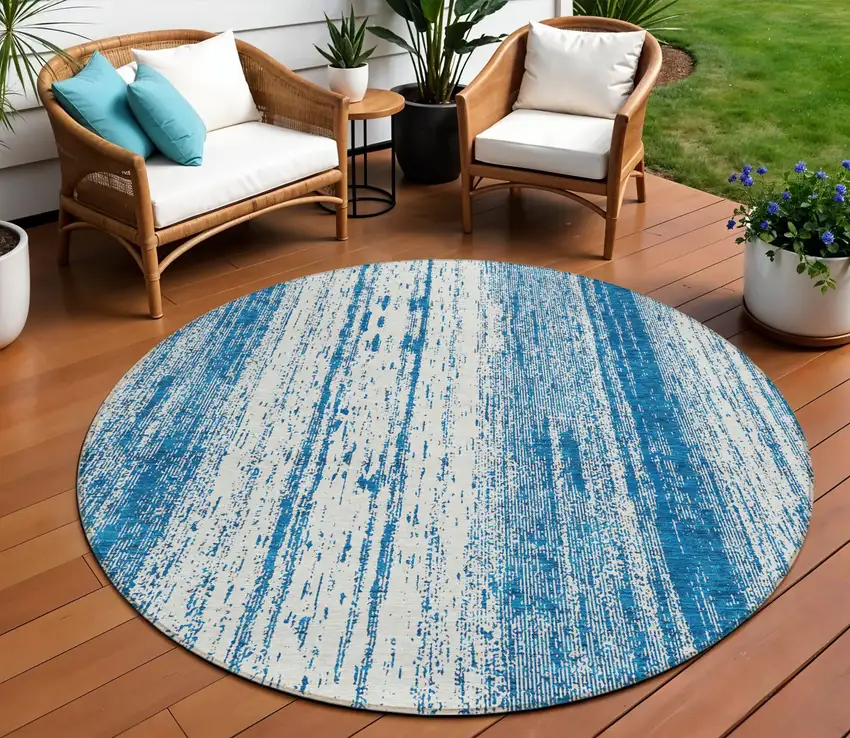 8' Navy Blue And Ivory Round Striped Washable Indoor Outdoor Area Rug Photo 1