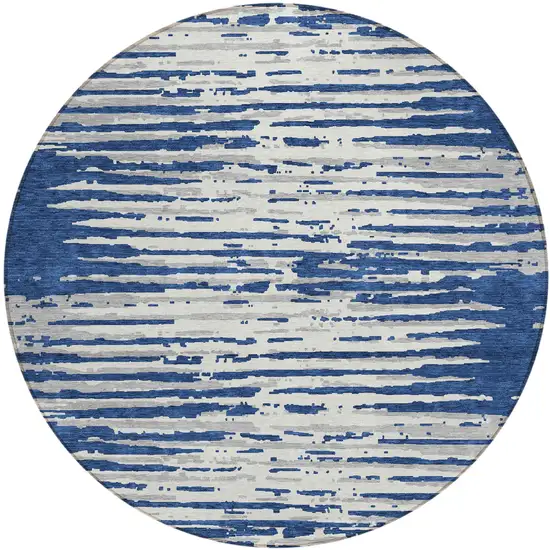 8' Navy Blue And Ivory Round Striped Washable Indoor Outdoor Area Rug Photo 2