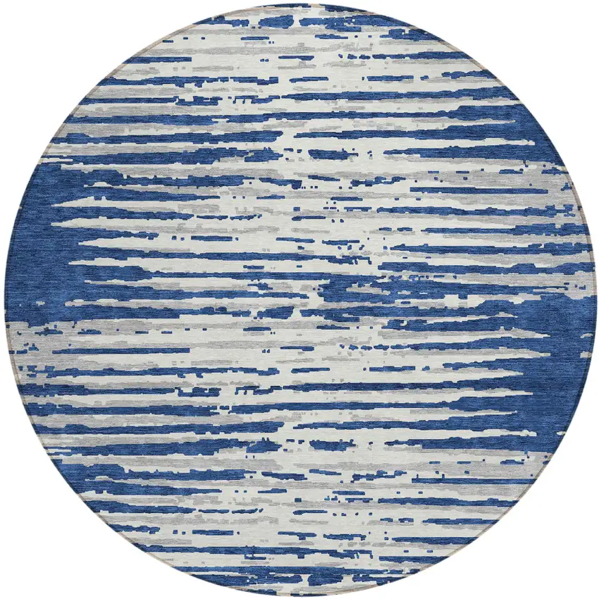 8' Navy Blue And Ivory Round Striped Washable Indoor Outdoor Area Rug Photo 2
