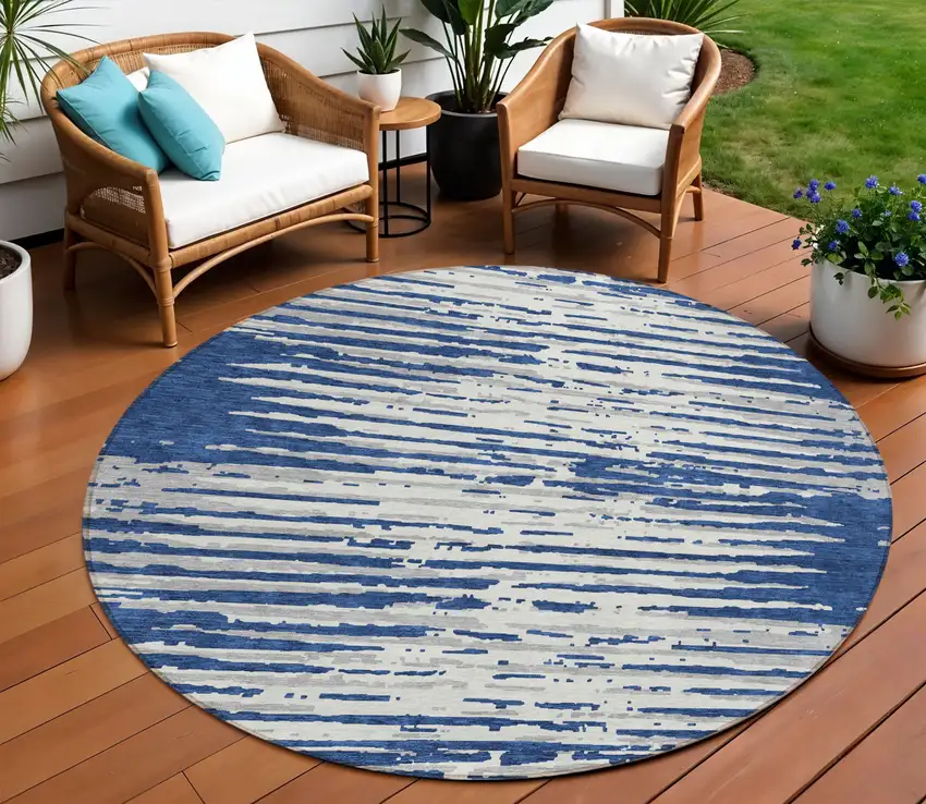 8' Navy Blue And Ivory Round Striped Washable Indoor Outdoor Area Rug Photo 1