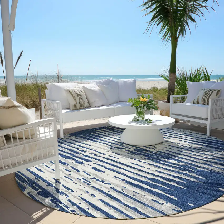 8' Navy Blue And Ivory Round Striped Washable Indoor Outdoor Area Rug Photo 6
