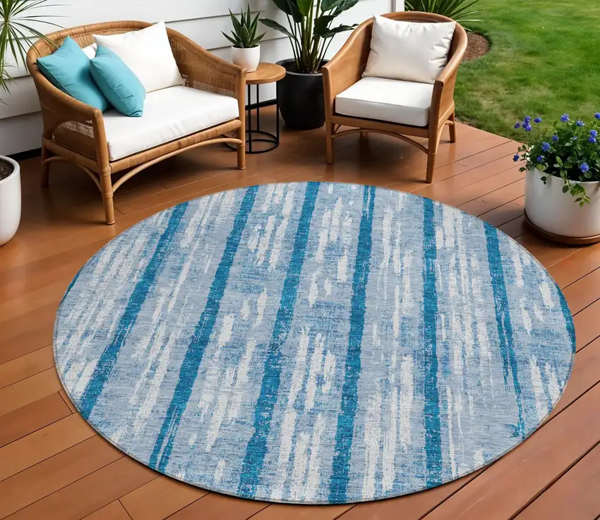 8' Navy Blue And Ivory Round Striped Washable Indoor Outdoor Area Rug Photo 1