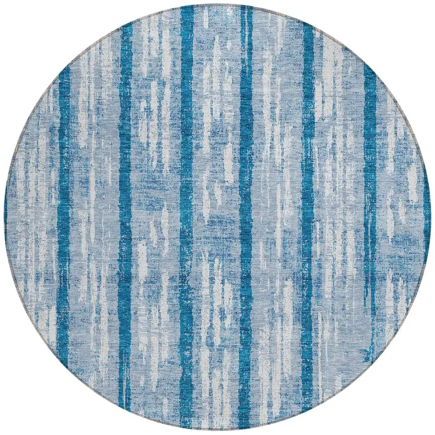 8' Navy Blue And Ivory Round Striped Washable Indoor Outdoor Area Rug Photo 5