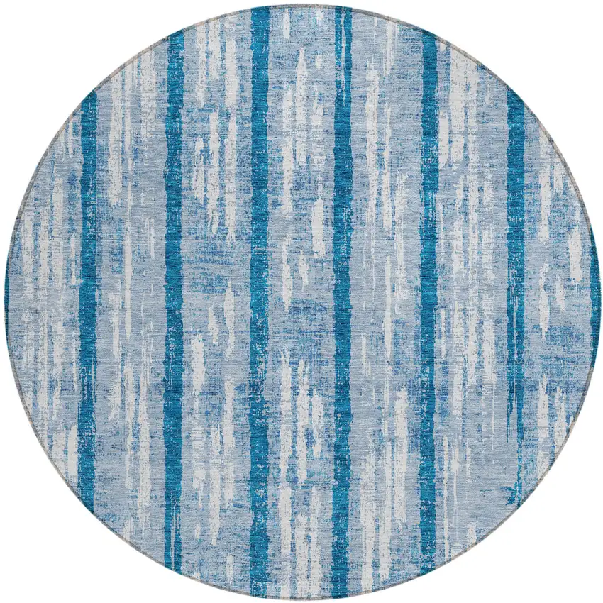 8' Navy Blue And Ivory Round Striped Washable Indoor Outdoor Area Rug Photo 2