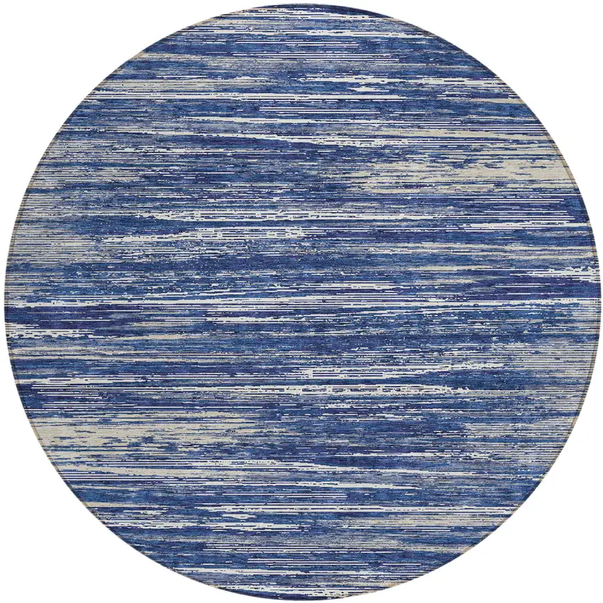 8' Navy Blue And Ivory Round Striped Washable Indoor Outdoor Area Rug Photo 2