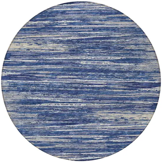 8' Navy Blue And Ivory Round Striped Washable Indoor Outdoor Area Rug Photo 5