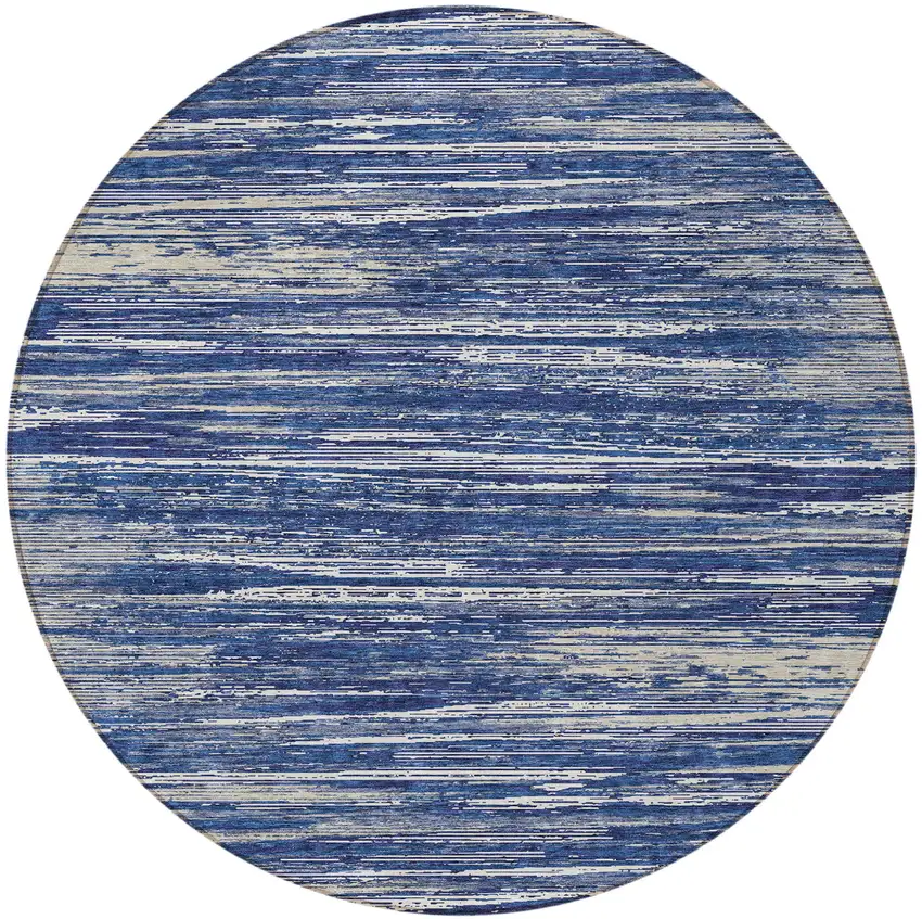 8' Navy Blue And Ivory Round Striped Washable Indoor Outdoor Area Rug Photo 5