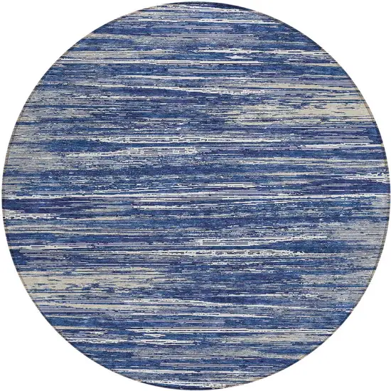8' Navy Blue And Ivory Round Striped Washable Indoor Outdoor Area Rug Photo 4