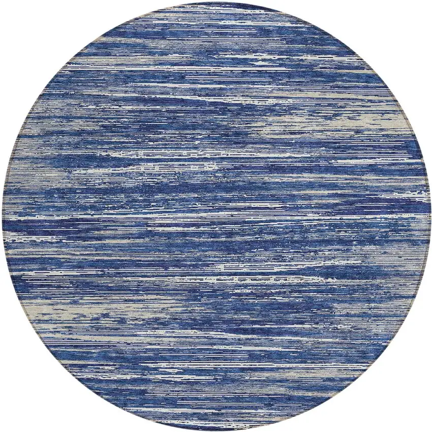 8' Navy Blue And Ivory Round Striped Washable Indoor Outdoor Area Rug Photo 4