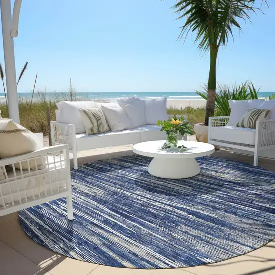 8' Navy Blue And Ivory Round Striped Washable Indoor Outdoor Area Rug Photo 6