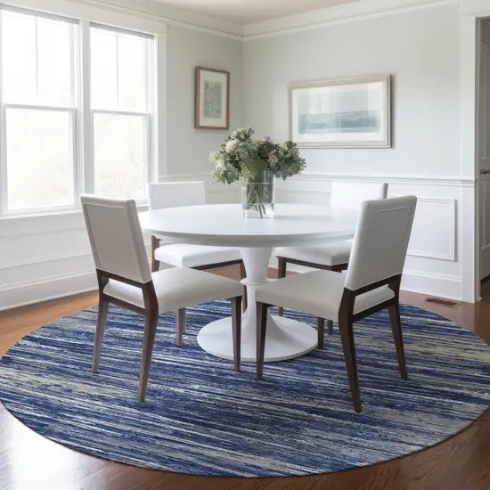 8' Navy Blue And Ivory Round Striped Washable Indoor Outdoor Area Rug Photo 7
