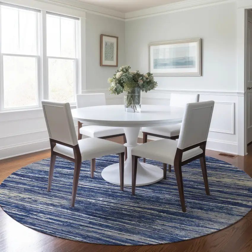 8' Navy Blue And Ivory Round Striped Washable Indoor Outdoor Area Rug Photo 7