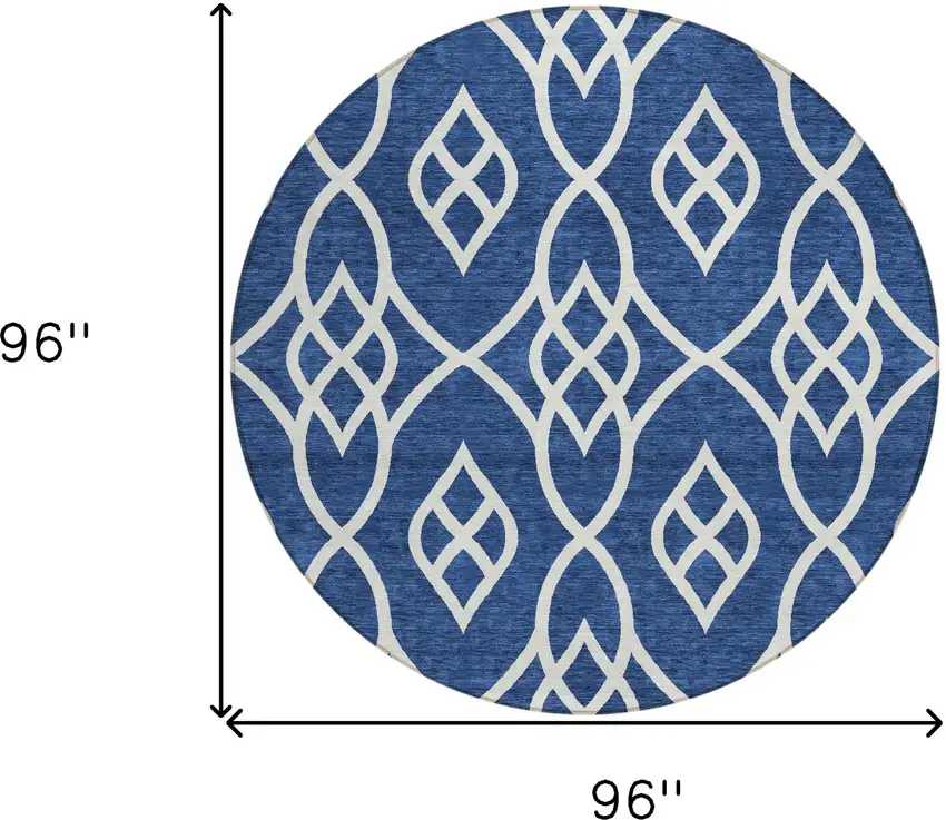 8' Navy Blue And Ivory Round Trellis Washable Indoor Outdoor Area Rug Photo 3