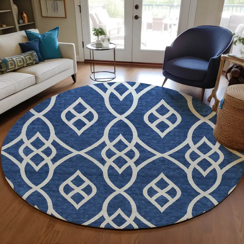 8' Navy Blue And Ivory Round Trellis Washable Indoor Outdoor Area Rug Photo 7