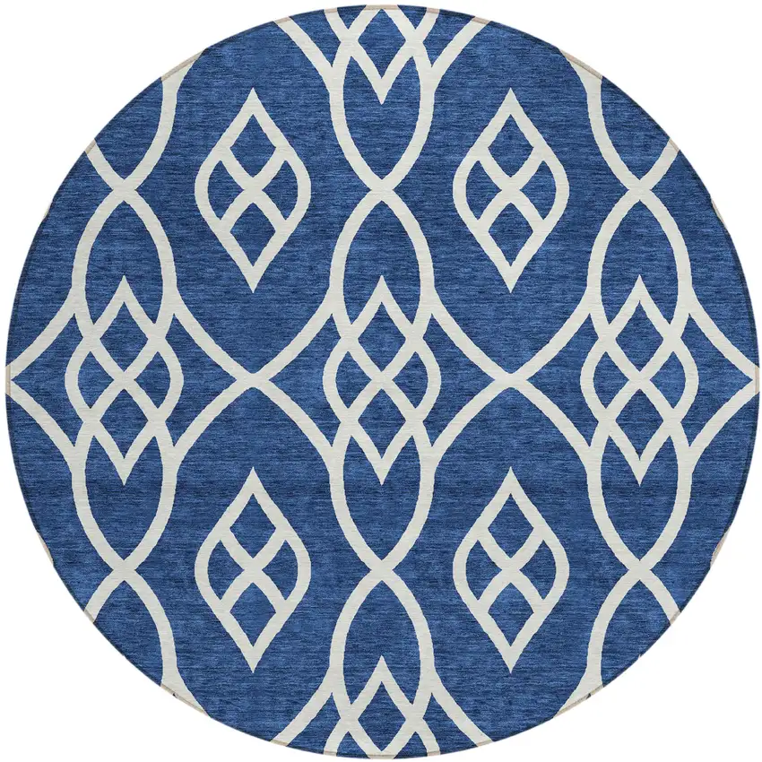 8' Navy Blue And Ivory Round Trellis Washable Indoor Outdoor Area Rug Photo 2