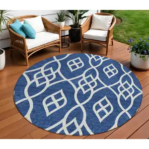 Photo of 8' Navy Blue And Ivory Round Trellis Washable Indoor Outdoor Area Rug