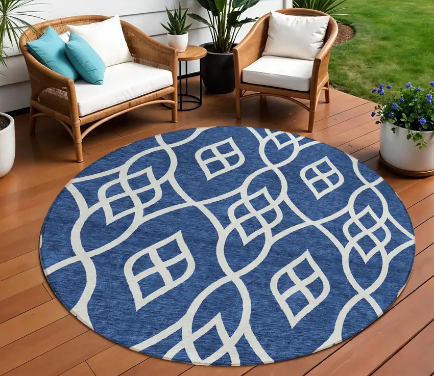 8' Navy Blue And Ivory Round Trellis Washable Indoor Outdoor Area Rug Photo 1