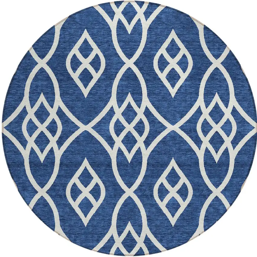 8' Navy Blue And Ivory Round Trellis Washable Indoor Outdoor Area Rug Photo 5