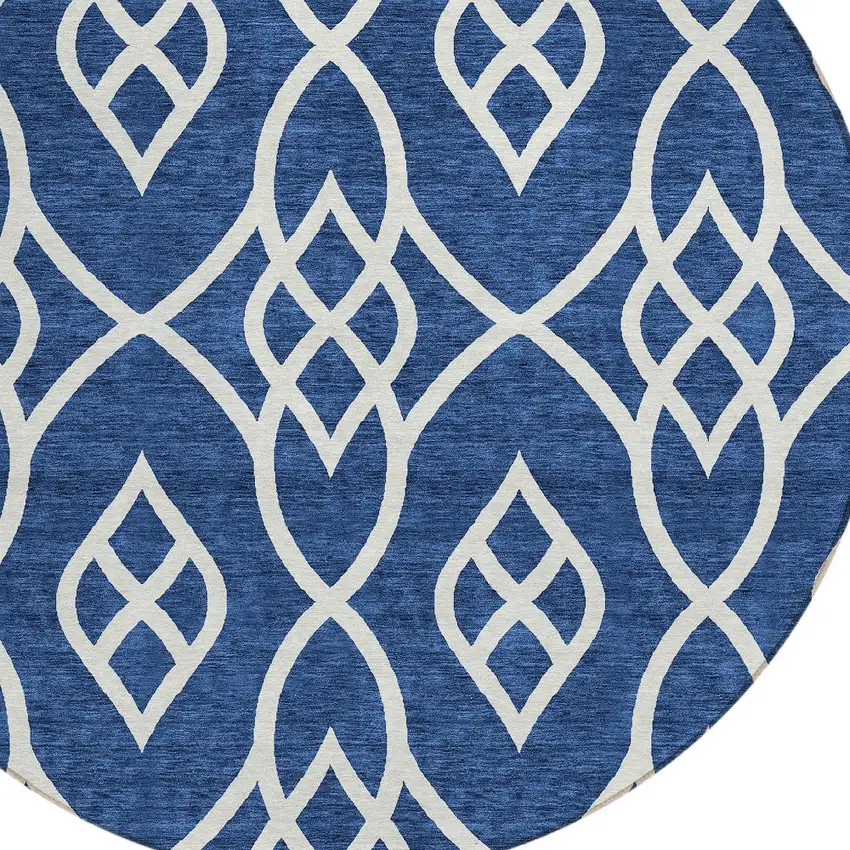 8' Navy Blue And Ivory Round Trellis Washable Indoor Outdoor Area Rug Photo 4