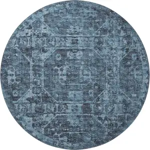 Photo of 8' Navy Blue And Ivory Round Tribal Washable Indoor Outdoor Area Rug