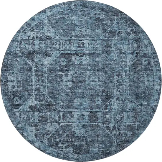 8' Navy Blue And Ivory Round Tribal Washable Indoor Outdoor Area Rug Photo 4