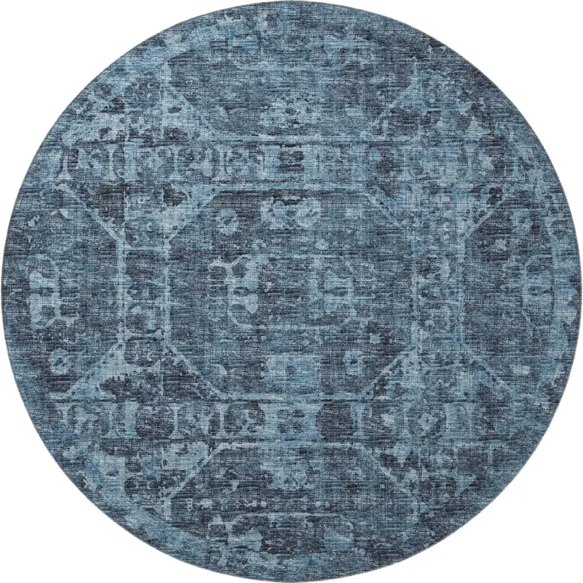 8' Navy Blue And Ivory Round Tribal Washable Indoor Outdoor Area Rug Photo 4