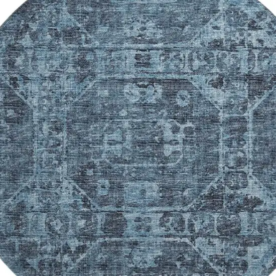 8' Navy Blue And Ivory Round Tribal Washable Indoor Outdoor Area Rug Photo 5