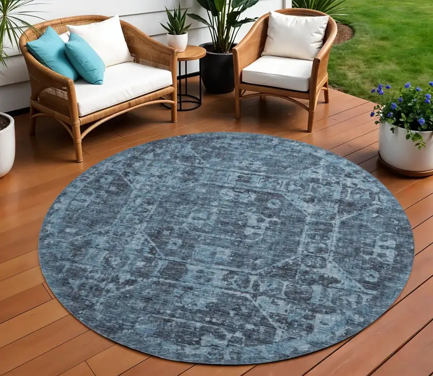 8' Navy Blue And Ivory Round Tribal Washable Indoor Outdoor Area Rug Photo 1
