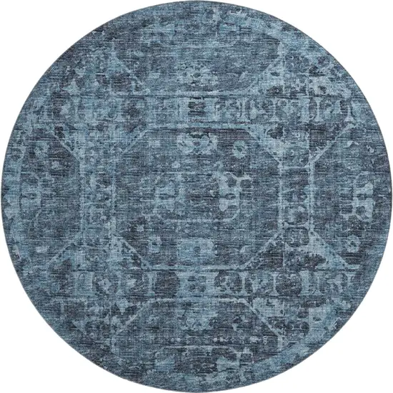 8' Navy Blue And Ivory Round Tribal Washable Indoor Outdoor Area Rug Photo 2