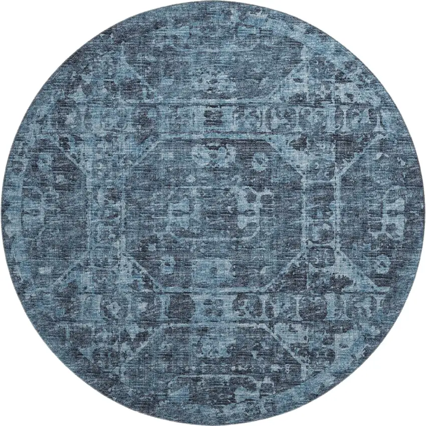 8' Navy Blue And Ivory Round Tribal Washable Indoor Outdoor Area Rug Photo 2