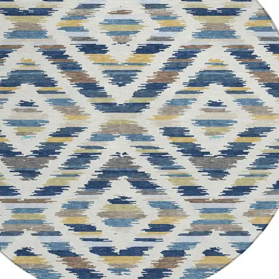 8' Navy Blue And Ivory Round Tribal Washable Indoor Outdoor Area Rug Photo 2