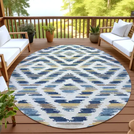 8' Navy Blue And Ivory Round Tribal Washable Indoor Outdoor Area Rug Photo 4