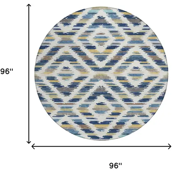 8' Navy Blue And Ivory Round Tribal Washable Indoor Outdoor Area Rug Photo 8