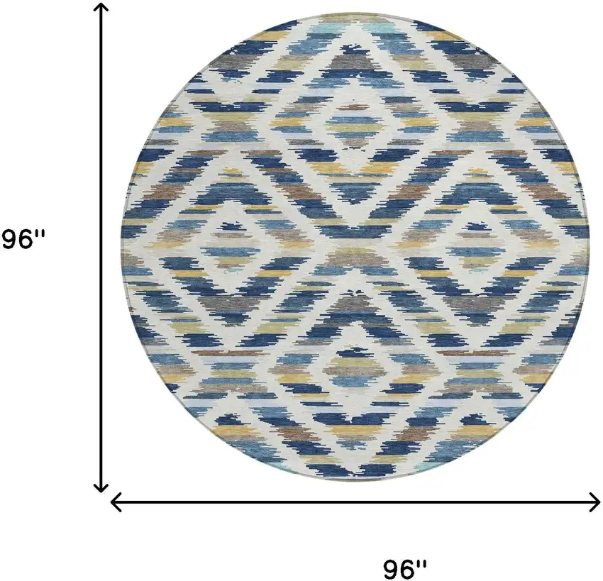 8' Navy Blue And Ivory Round Tribal Washable Indoor Outdoor Area Rug Photo 8