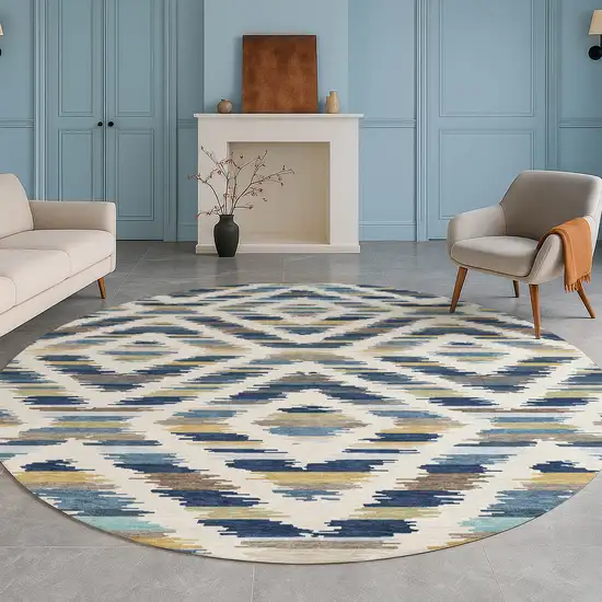 8' Navy Blue And Ivory Round Tribal Washable Indoor Outdoor Area Rug Photo 5