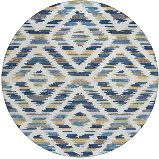 8' Navy Blue And Ivory Round Tribal Washable Indoor Outdoor Area Rug Photo 3