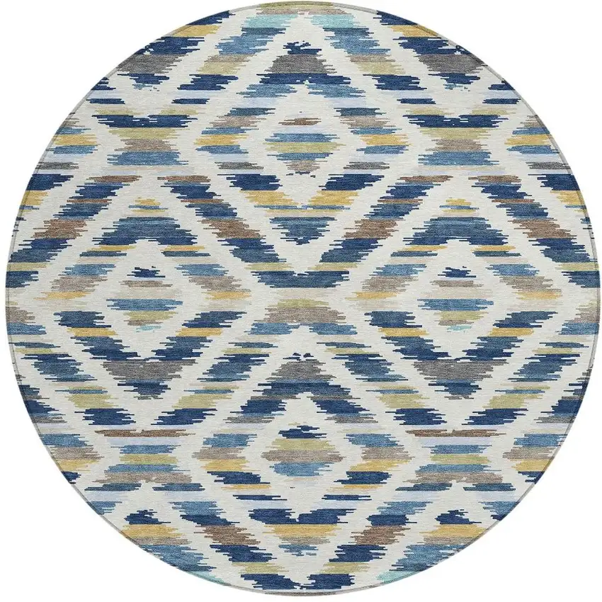 8' Navy Blue And Ivory Round Tribal Washable Indoor Outdoor Area Rug Photo 3