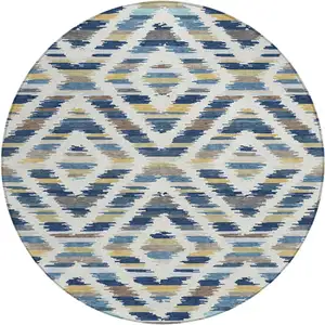 Photo of 8' Navy Blue And Ivory Round Tribal Washable Indoor Outdoor Area Rug