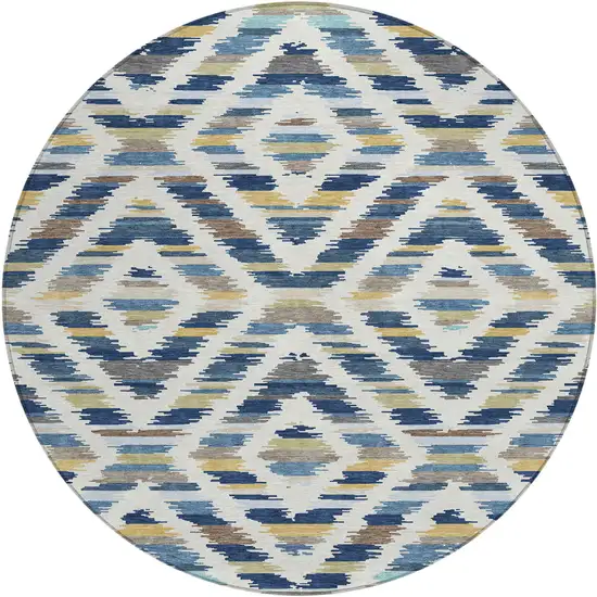 8' Navy Blue And Ivory Round Tribal Washable Indoor Outdoor Area Rug Photo 1