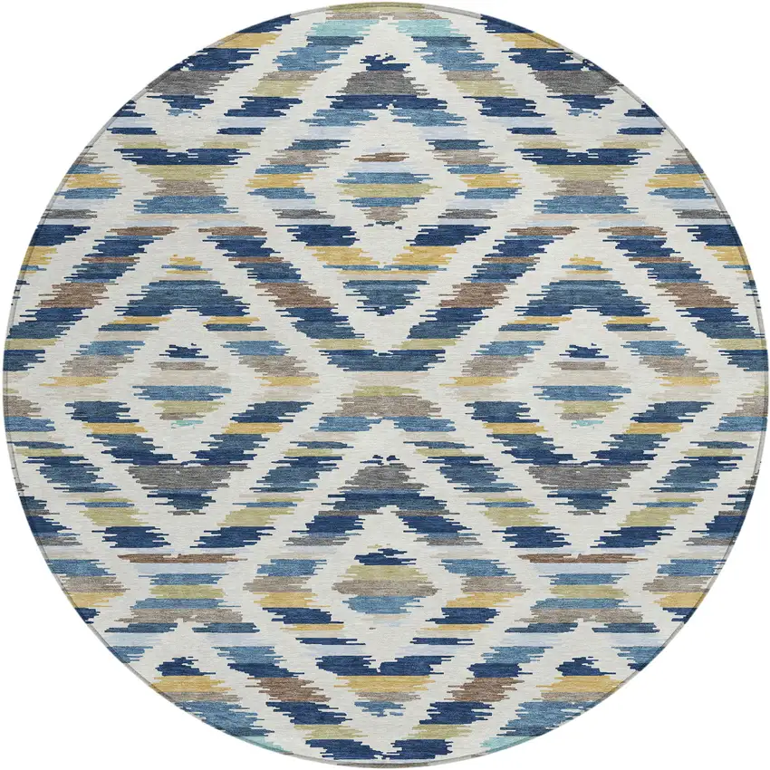 8' Navy Blue And Ivory Round Tribal Washable Indoor Outdoor Area Rug Photo 1