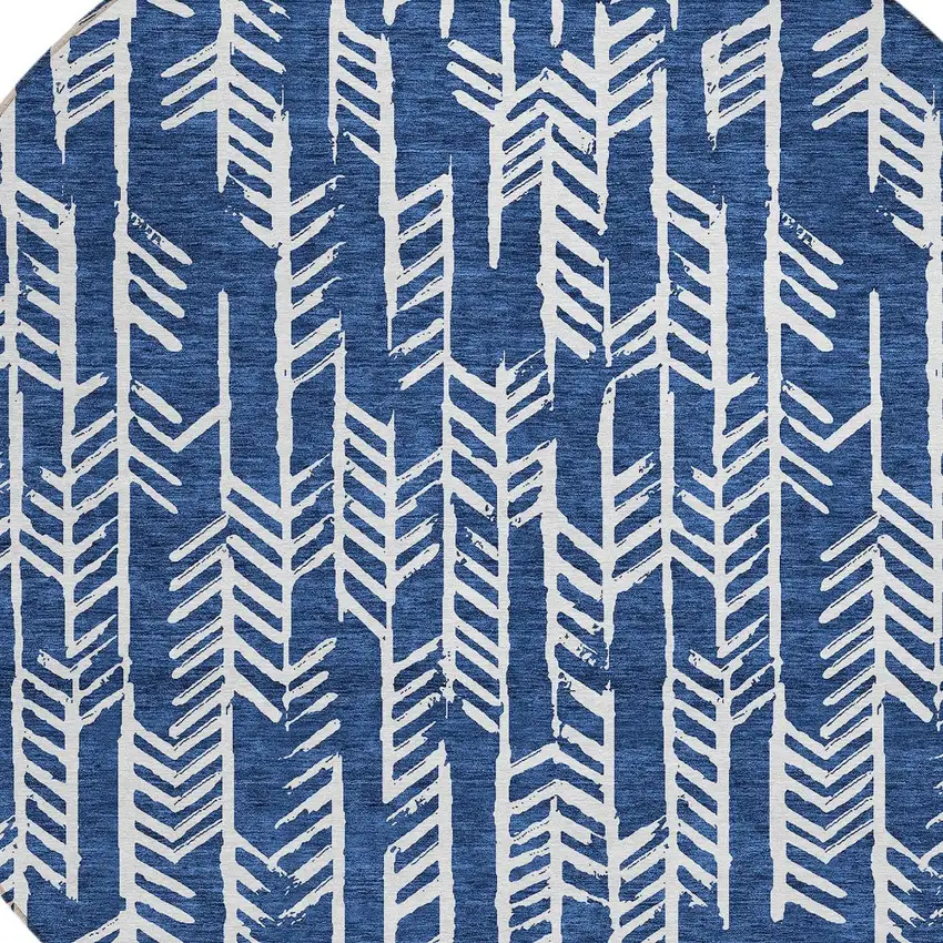 8' Navy Blue And Ivory Round Tribal Washable Indoor Outdoor Area Rug Photo 4