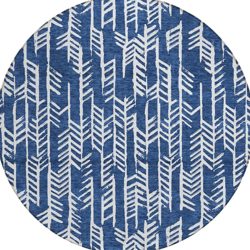 8' Navy Blue And Ivory Round Tribal Washable Indoor Outdoor Area Rug Photo 5