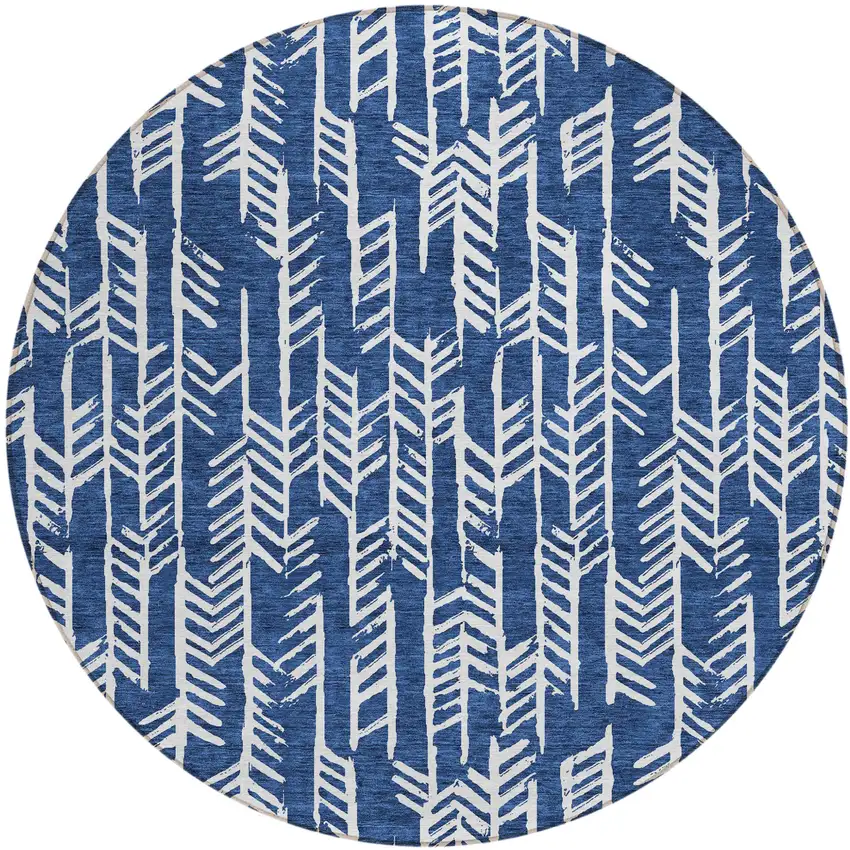 8' Navy Blue And Ivory Round Tribal Washable Indoor Outdoor Area Rug Photo 2