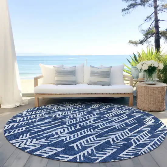 8' Navy Blue And Ivory Round Tribal Washable Indoor Outdoor Area Rug Photo 6