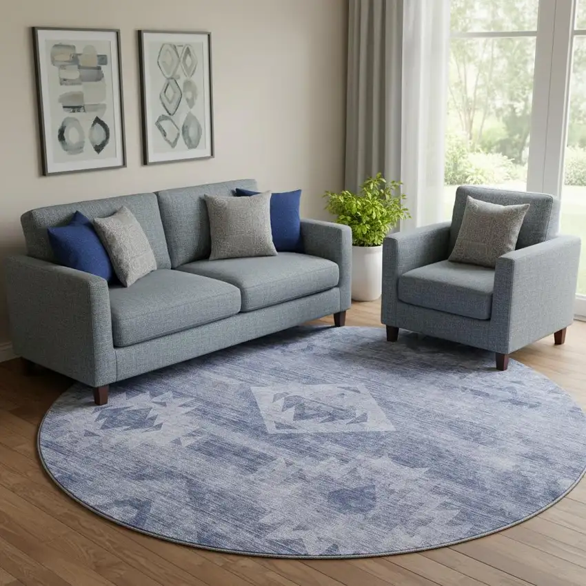 8' Navy Blue And Ivory Southwestern Washable Round Rug With UV Protection Photo 1