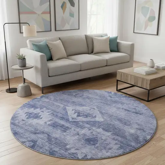 8' Navy Blue And Ivory Southwestern Washable Round Rug With UV Protection Photo 2