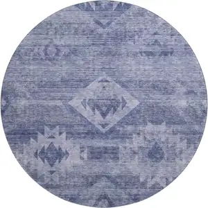 Photo of 8' Navy Blue And Ivory Southwestern Washable Round Rug With UV Protection