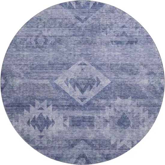 8' Navy Blue And Ivory Southwestern Washable Round Rug With UV Protection Photo 1